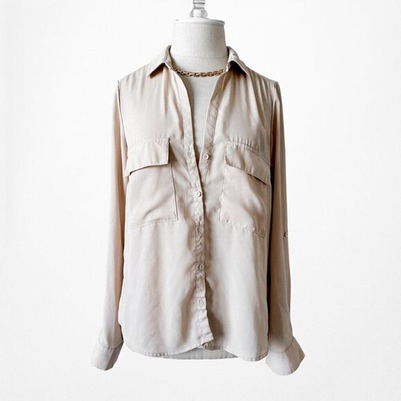Vintage Y2K Timing Beige Brown Front Pocket Button Down Shirt Blouse Top Size S - Picture 3 of 6